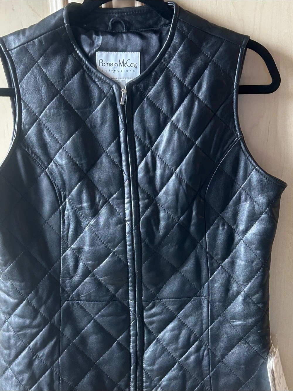 Fully Lined Black Quilted Leather Moto Vest with Front Zip by Pamela McCoy NWT